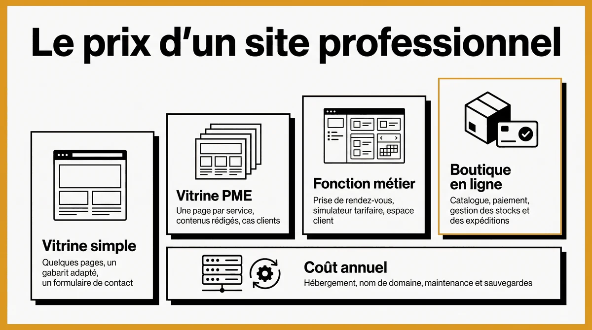 Infographie : le prix d’un site professionnel, la vitrine simple, la vitrine PME, la fonction métier, la boutique en ligne et le coût annuel