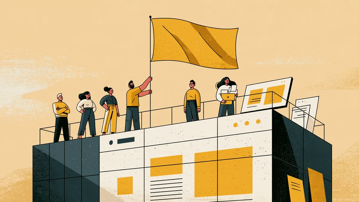 Une équipe plante un drapeau doré sur le toit d’un immeuble dont la façade est une page de site