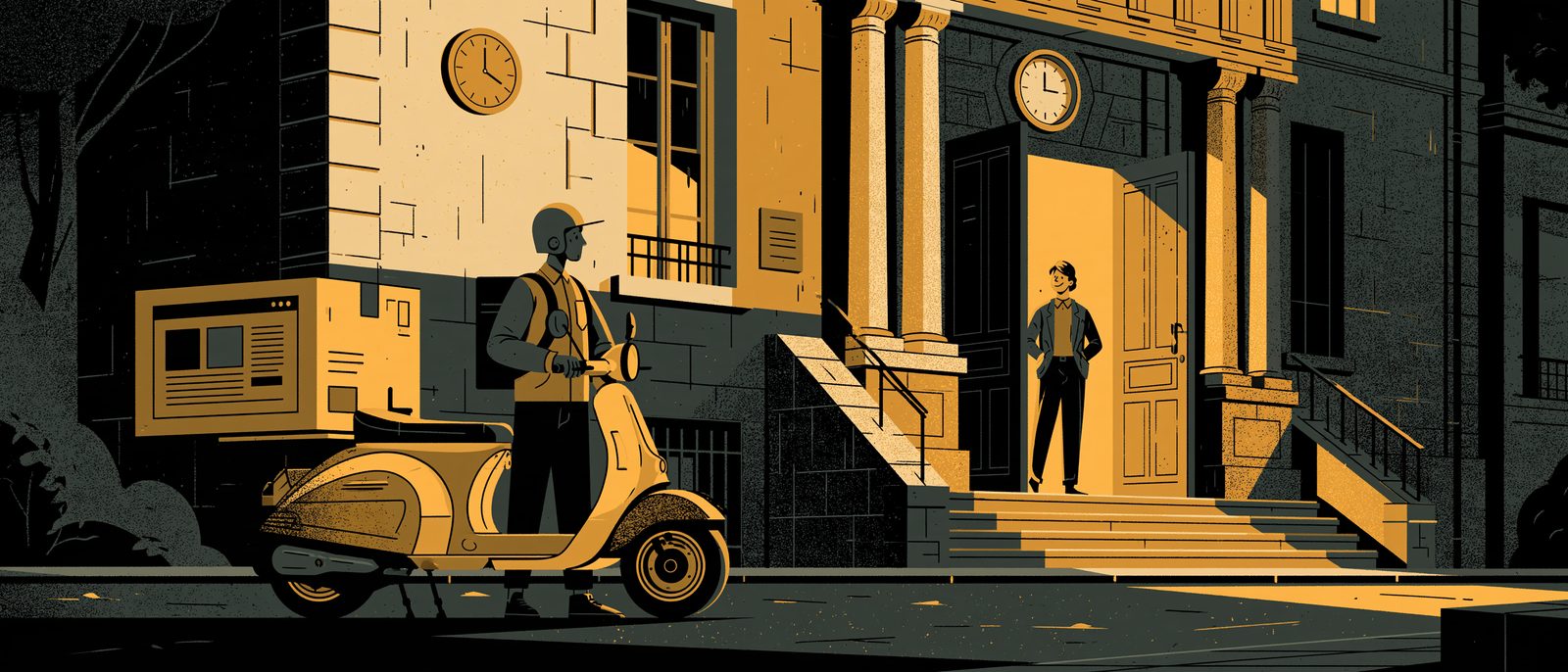 Un livreur en scooter apporte un grand colis en forme de page de site devant une mairie, où un agent l’attend sur le pas de la porte