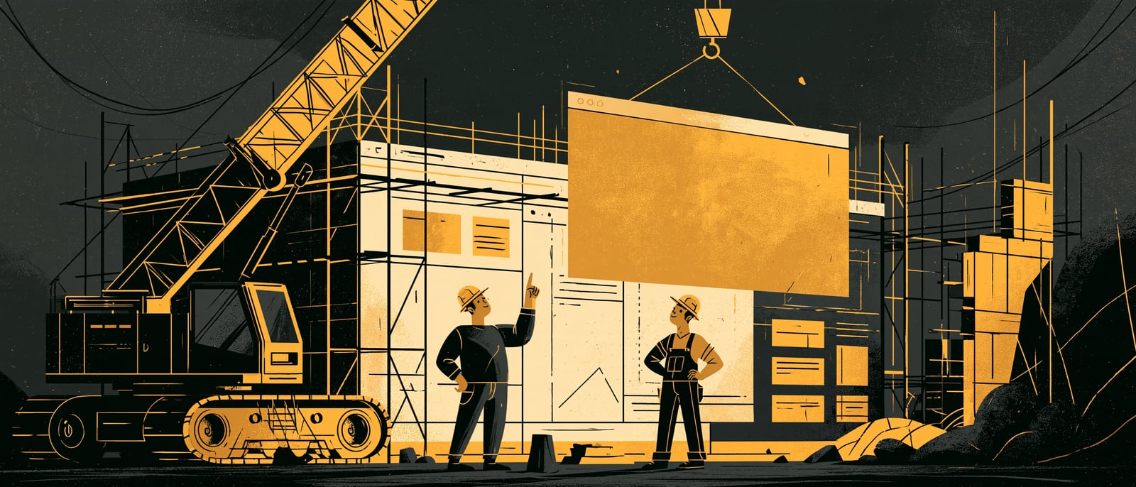 Chantier d’un site web : une grue hisse un grand bloc de page doré, deux ouvriers en casque suivent la manœuvre