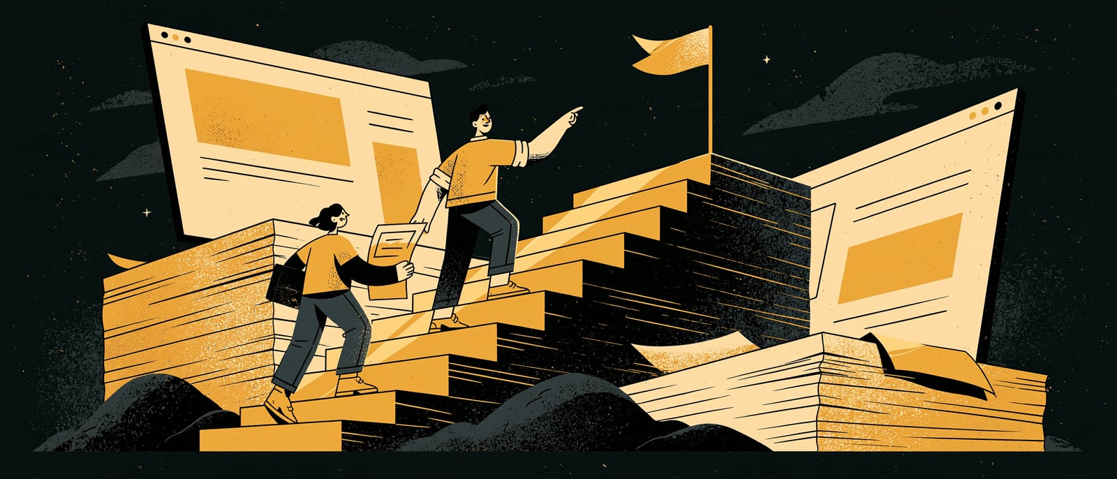 Un chef de projet et une cliente gravissent un escalier de pages de site vers un drapeau doré